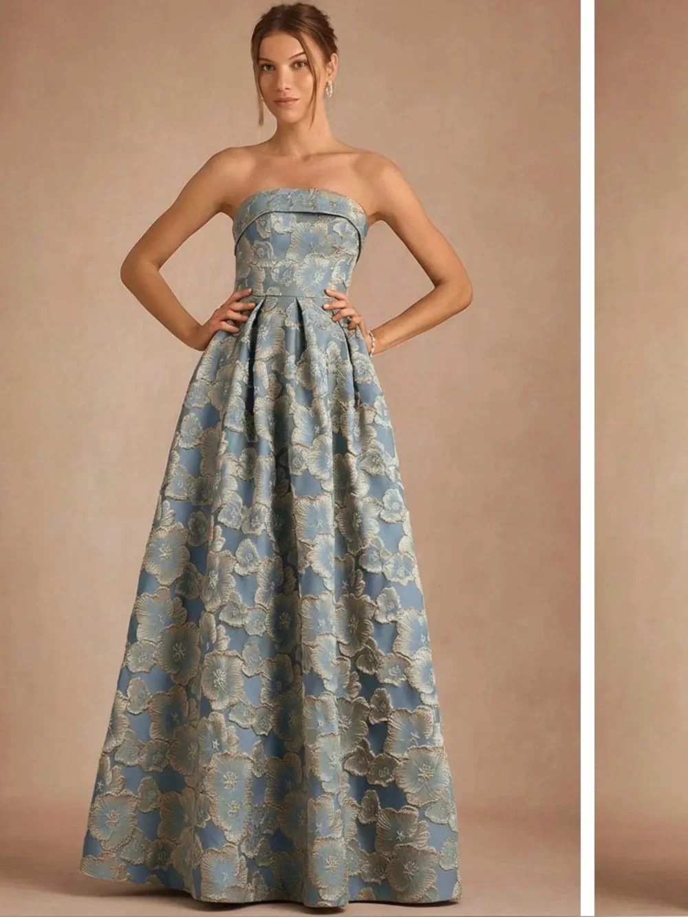 Azazie Strapless Blue and Gold Floral Jacquard Gown - Picture 1 of 4